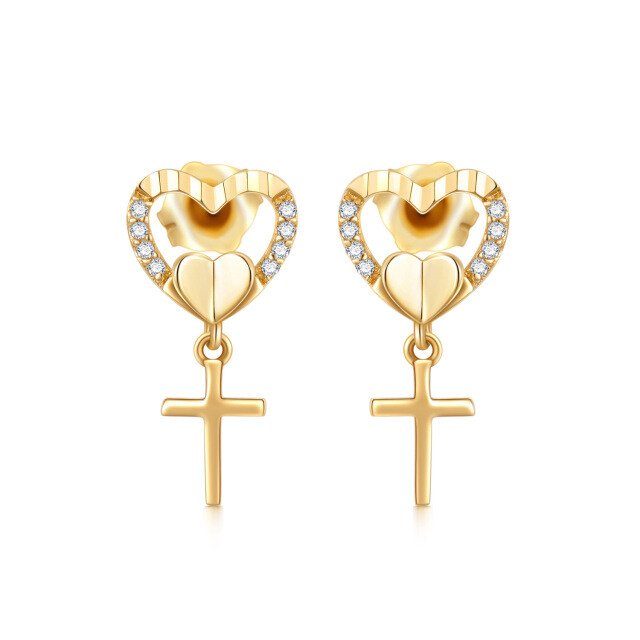 Boucles d'oreilles à tige en or 14 carats avec croix et cœur en zircone cubique-1