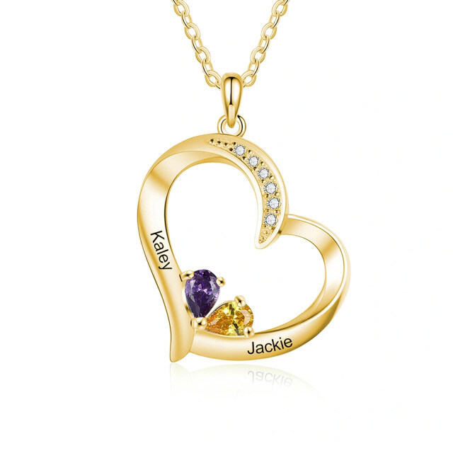 10K Gold Heart Shaped Cubic Zirconia Personalized Birthstone & Heart Pendant Necklace-2