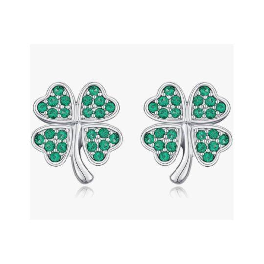 Sterling Silver Cubic Zirconia Four Leaf Clover Stud Earrings