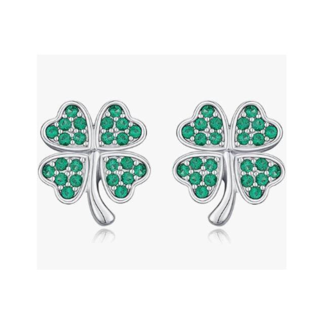 Sterling Silver Cubic Zirconia Four Leaf Clover Stud Earrings-1