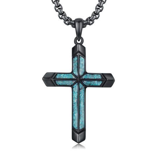 Collier avec pendentif gothique en argent sterling avec croix turquoise de couleur rhodium noir pour homme