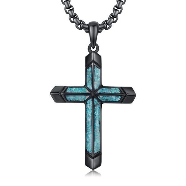 Sterling Silver with Black Rhodium Color Turquoise Cross Gothic Pendant Necklace for Men-1