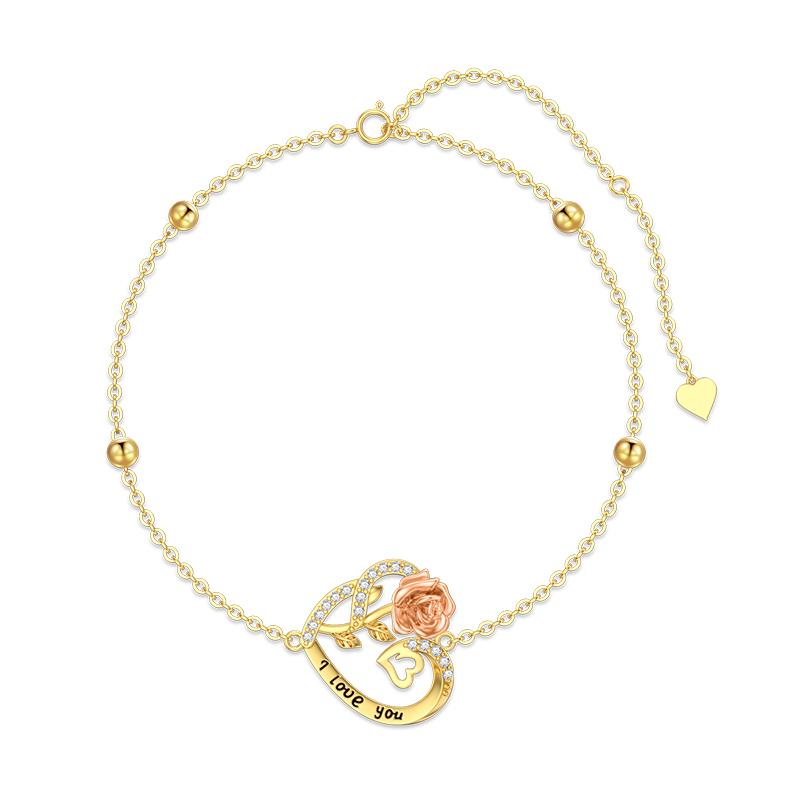 14K Gold Two-tone Heart Pendant With Cubic Zirconia Single Layer Anklet