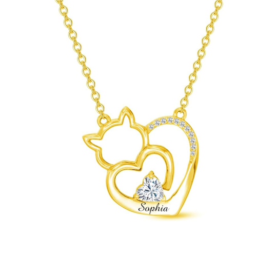 Collar con colgante de gato con nombre clásico personalizado y circonita cúbica en oro de 14 quilates