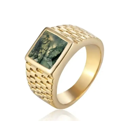 10K Gold Moss Agate Ring for Men