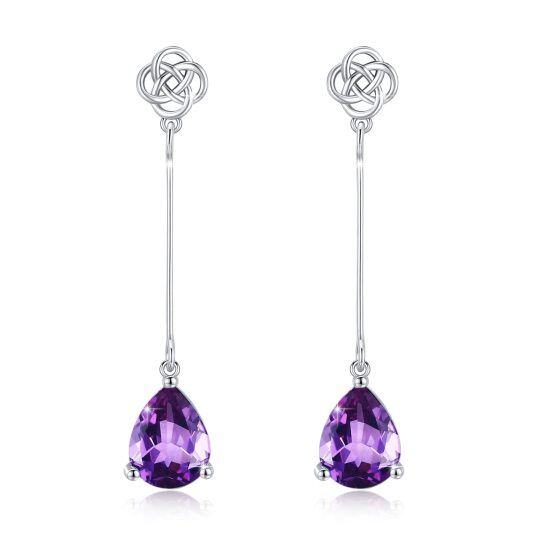 Orecchini pendenti con nodo celtico in argento sterling, zirconi cubici viola a forma di pera per donna