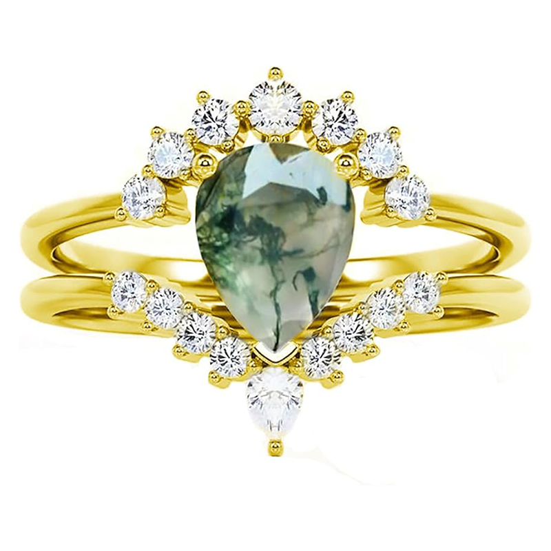 10K Gold Pear Moss Agate With Moissanite Engagement Ring