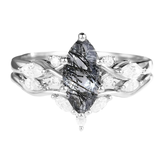 Sterling Silver With White Gold Plated Black Rutilated Quartz Wedding Ring