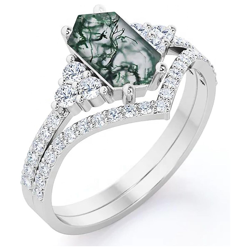 18K White Gold Moss Agate With Moissanite Ring