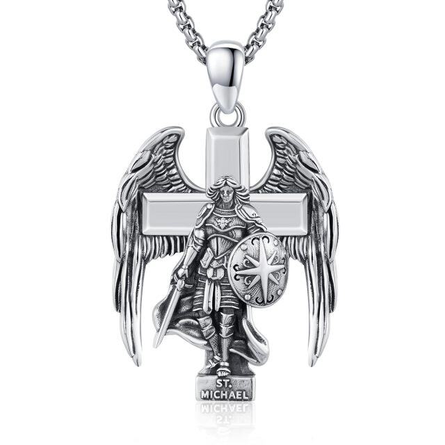 Sterling Silver Archangel Saint Michael Cross Pendant Necklace for Men-1