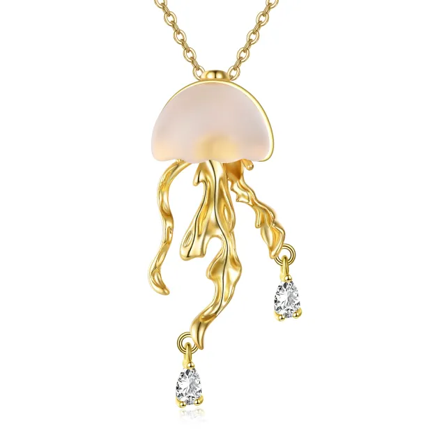 Sterling Silver with Yellow Gold Plated Resin Jellyfish Pendant Necklace-2