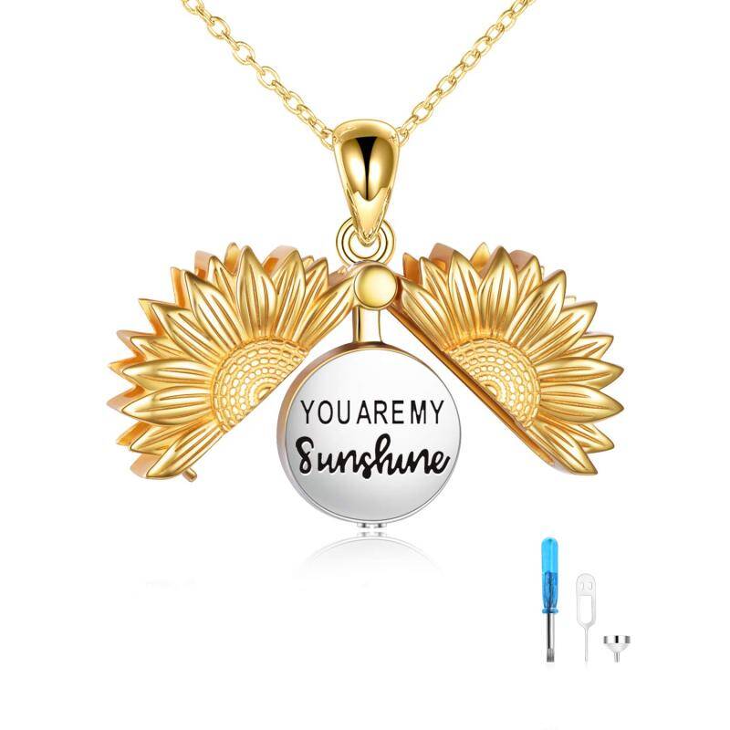 Sterling Silver Two-tone Sunflower You Are My Sunshine Cremation Urn Necklace for Ashes