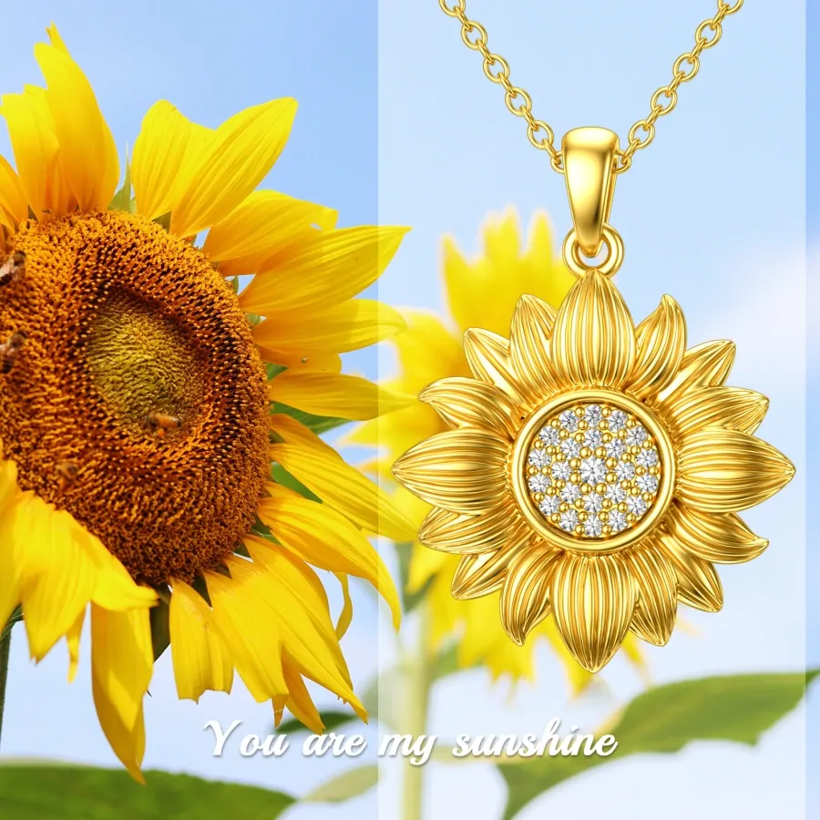 18K Gold Circular Diamond Sunflower Pendant Necklace-5