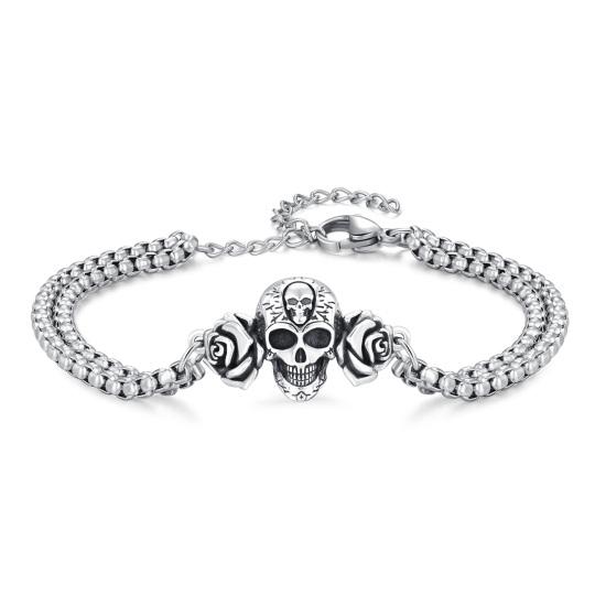 Sterling Silver Rose Skull Pendant Bracelet