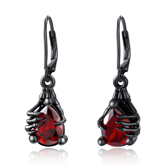 Sterling Silver with Black Rhodium Color Cubic Zirconia Skull Hand Drop Earrings