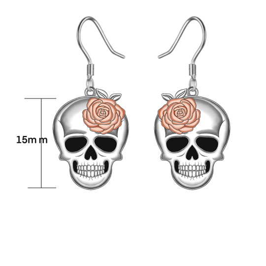 Boucles d'oreilles pendantes en argent sterling avec tête de mort et rose bicolore