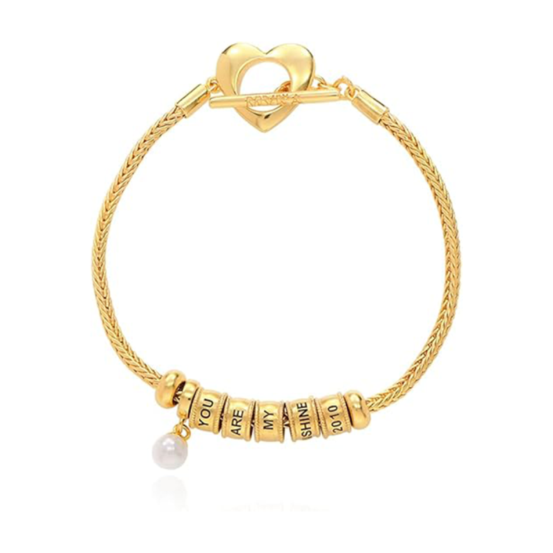 14K Gold Pearl Personalized Engraving Pendant Bracelet for Women