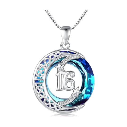 Sterling Silver Crystal Celtic Knot & Moon & Star Personalized Pendant Necklace for Women