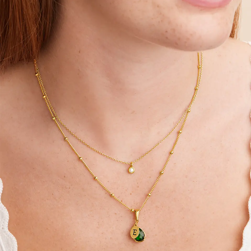 Gold Vermeil Drop Birthstone & Personalized Initial Letter Pendant Necklace for Women-3