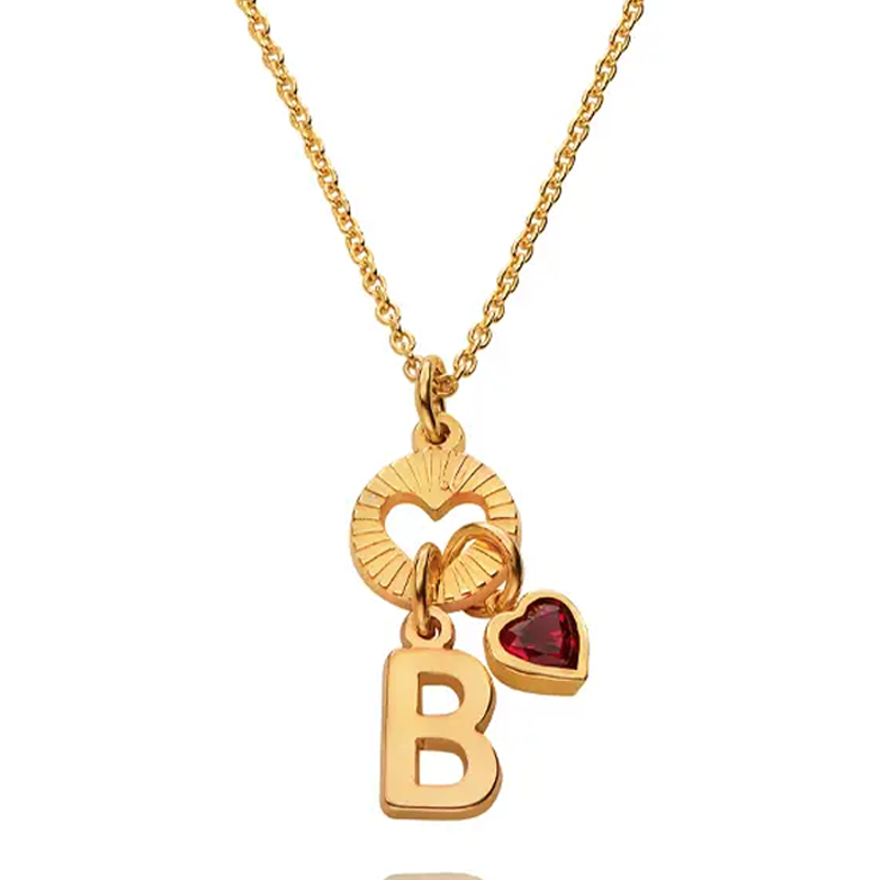 Collar con colgante de letra inicial en forma de corazón personalizado con piedra natal bañada en oro para mujer-1