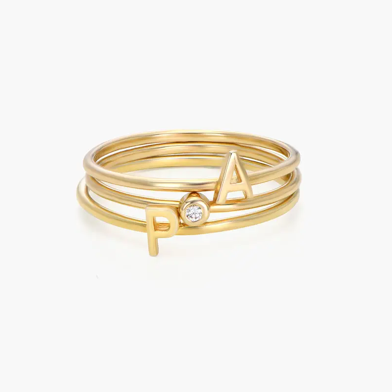 Gold Vermeil Personalized Initial Cubic Zirconia Stacking Ring for Women-1