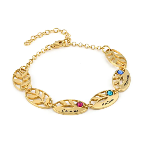 Gold Vermeil Birthstone & Personalized Name Leaves Pendant Bracelet for Women