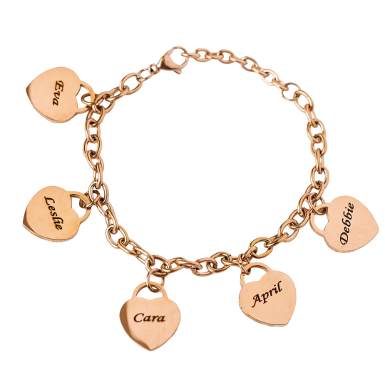 Pulseira de pingente de coração com gravura personalizada banhada a ouro rosa e prata esterlina