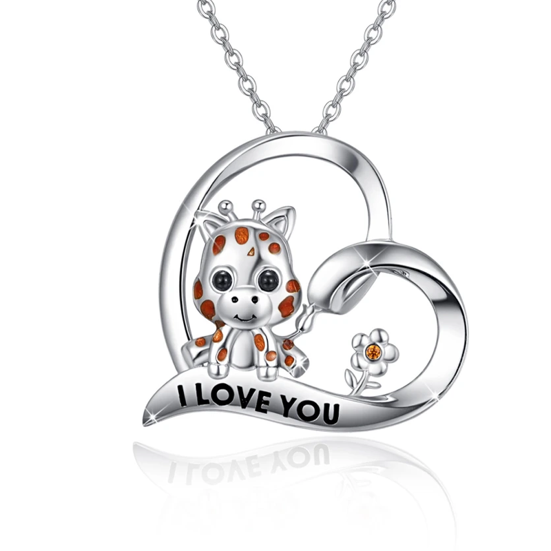 Sterling Silver Cow & Wildflowers Heart Pendant Necklace-1