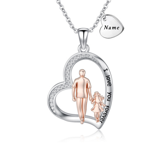 10K Silver & Rose Gold Cubic Zirconia Engravable & Father & Daughter Pendant Necklace with Engraved Word