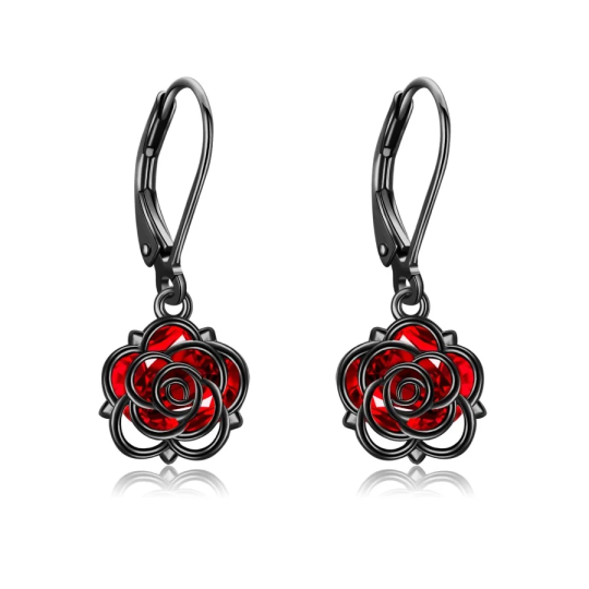 Sterling Silver with Black Rhodium Color Cubic Zirconia Rose Drop Earrings for Women