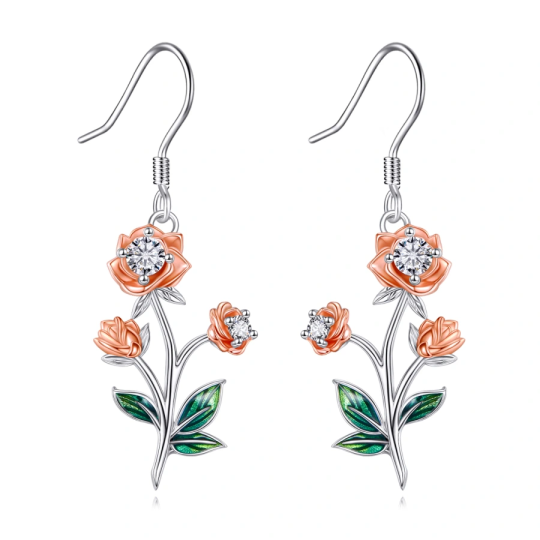 Sterling Silver Two-tone Cubic Zirconia Rose Drop Earrings for Women