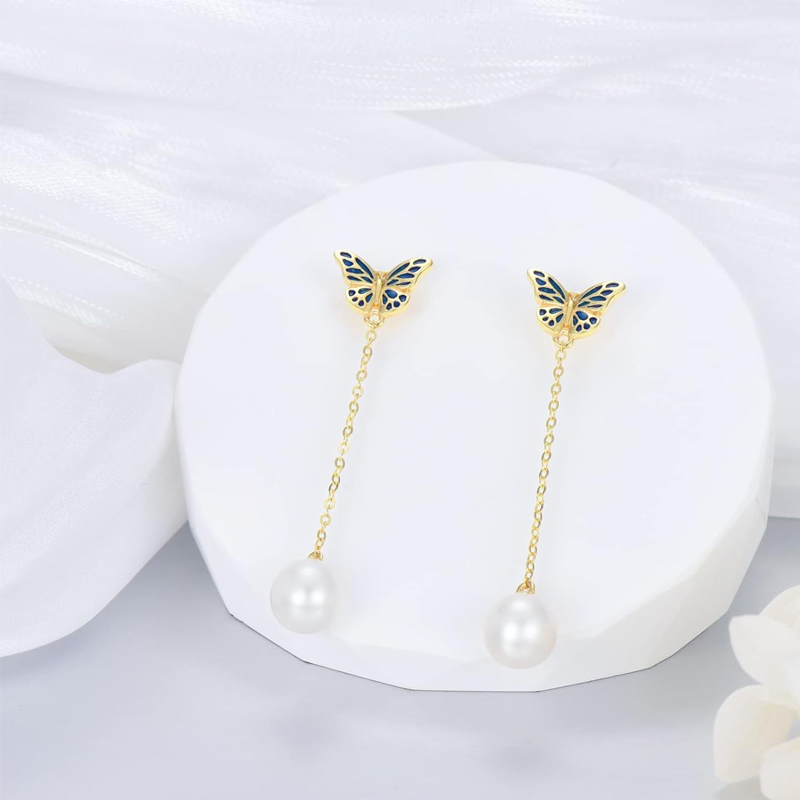 Gold Vermeil Pearl Butterfly Drop Earrings for Women-4