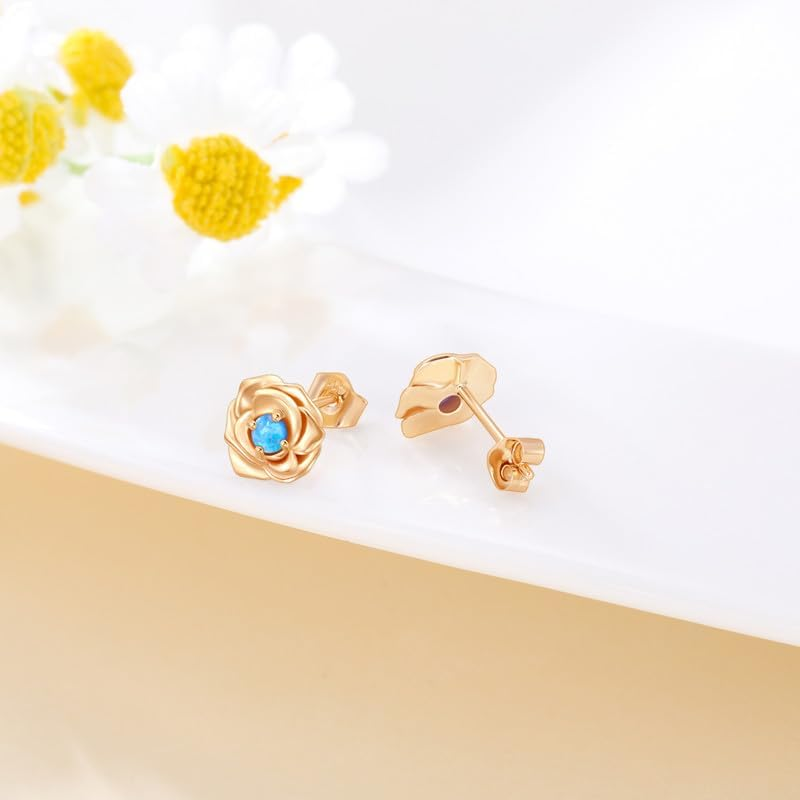 Sterling Silver with Rose Gold Plated Opal Rose Stud Earrings for Women-3