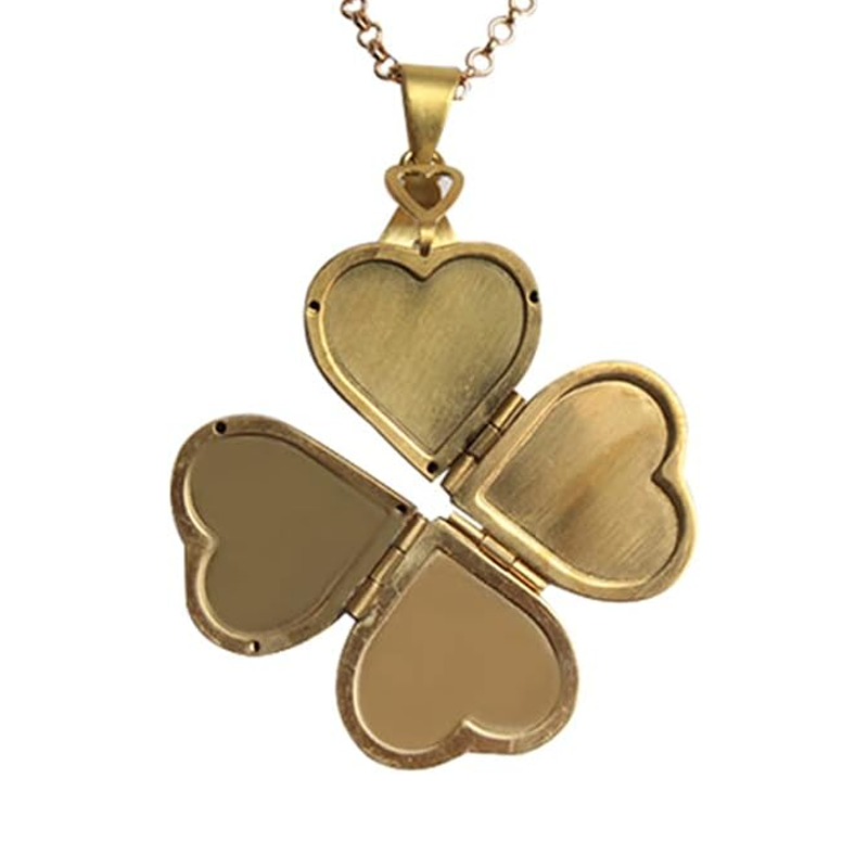 Gold Vermeil Personalized Engraving Four Leaf Clover Heart Photo Locket Necklace-1