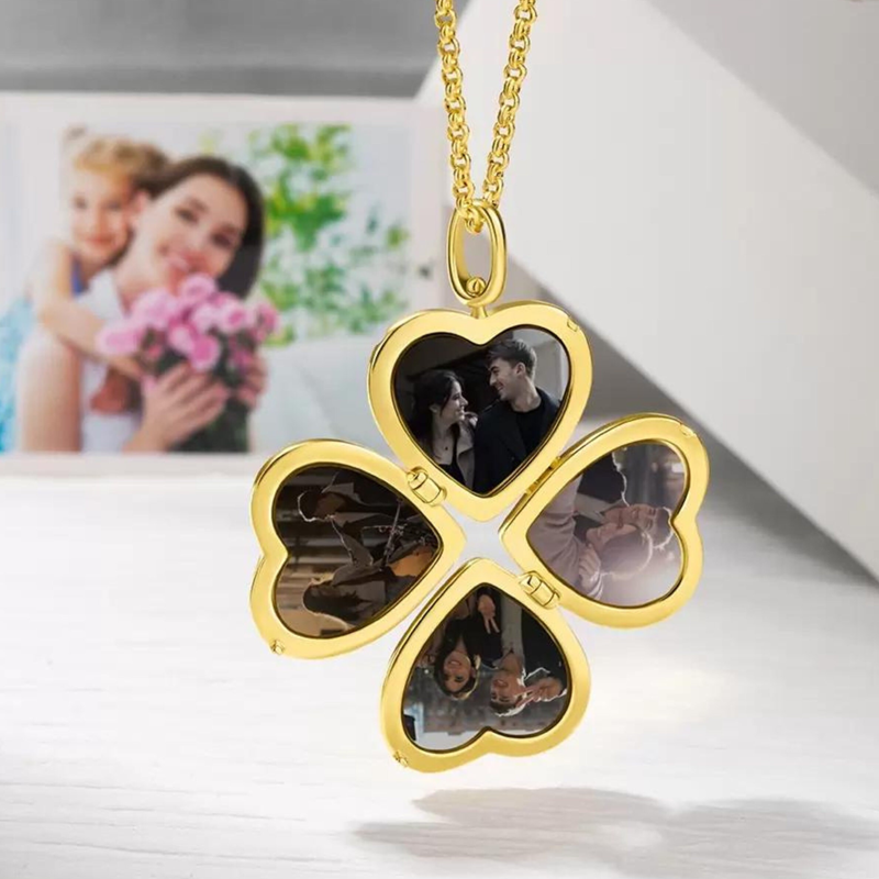 Gold Vermeil Personalized Engraving Four Leaf Clover Heart Photo Locket Necklace-7