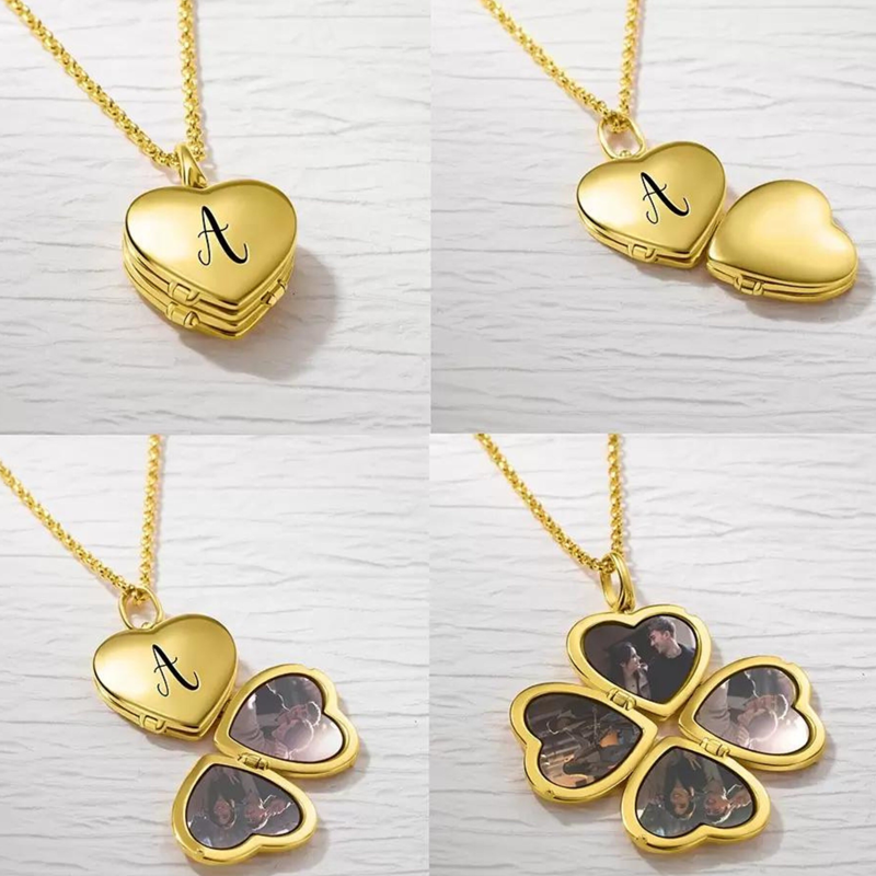 Gold Vermeil Personalized Engraving Four Leaf Clover Heart Photo Locket Necklace-6