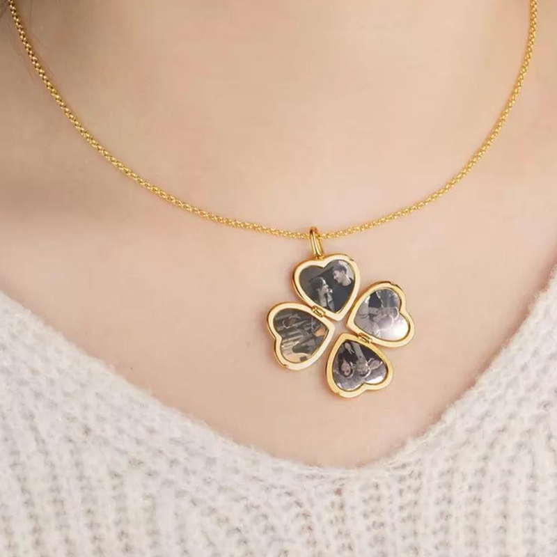 Gold Vermeil Personalized Engraving Four Leaf Clover Heart Photo Locket Necklace-2