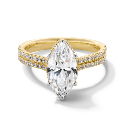 14K Gold 2-1/2 CT Marquise Shaped Lab Created Diamond Double Row Shank Engagement Ring