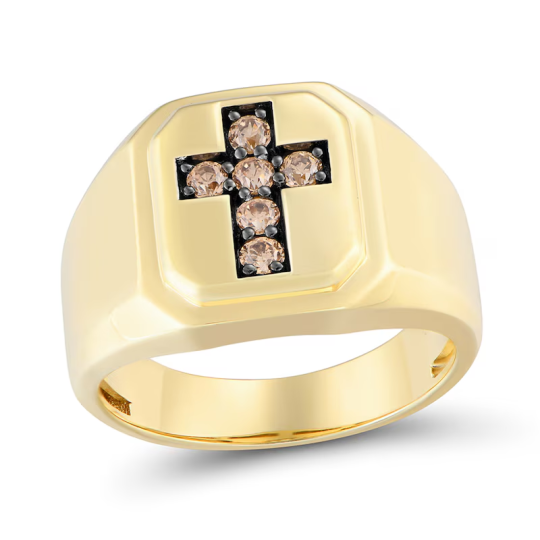 10K Gold 1/3 CT Champagne Diamond Cross Octagon Signet Custom Band for Men