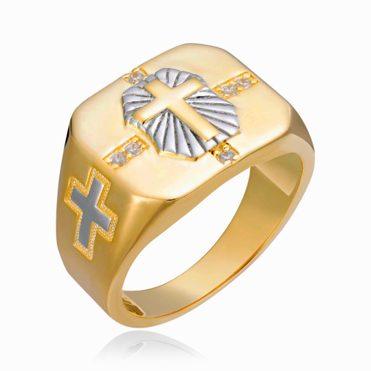 Anillo de signet con grabado y cruz para hombre, en oro blanco y oro amarillo de 14 quilates