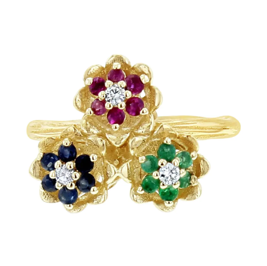 10K Gold Emerald & Sapphire & Ruby Multi Gemstone Three Stone Statement Tulip Floral Band