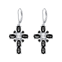 wholesale 925 Sterling Silver Black White Cubic Zirconia Cross Drop Earrings For Women-