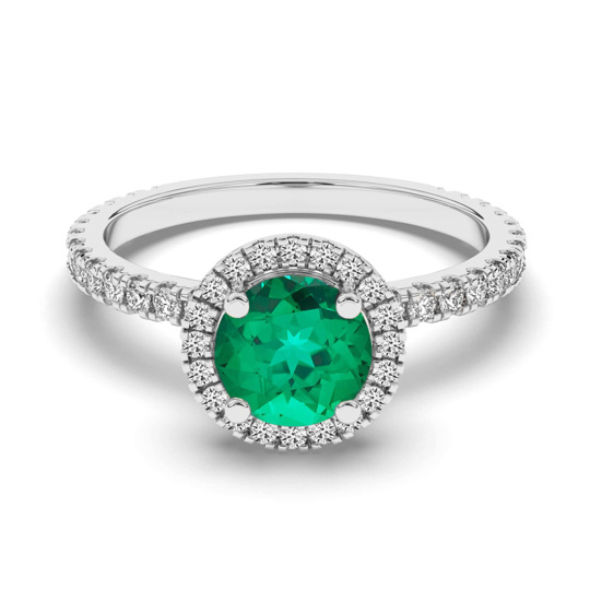 10K White Gold Round Cut Emerald & Diamond Halo Engagement Ring