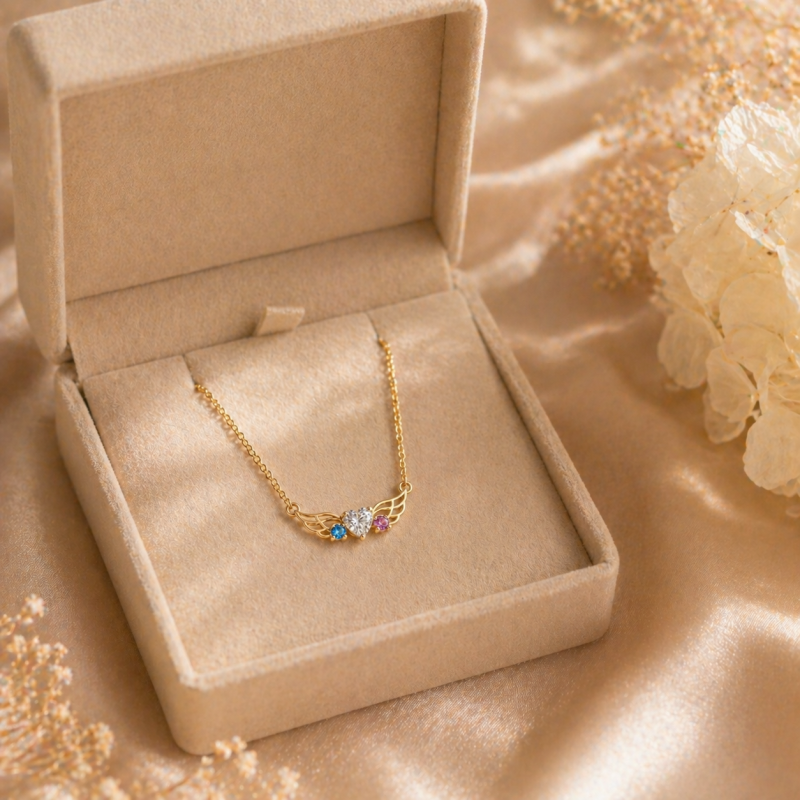 14K Gold Personalized Birthstone & Mama & Angel Wing Pendant Necklace-5