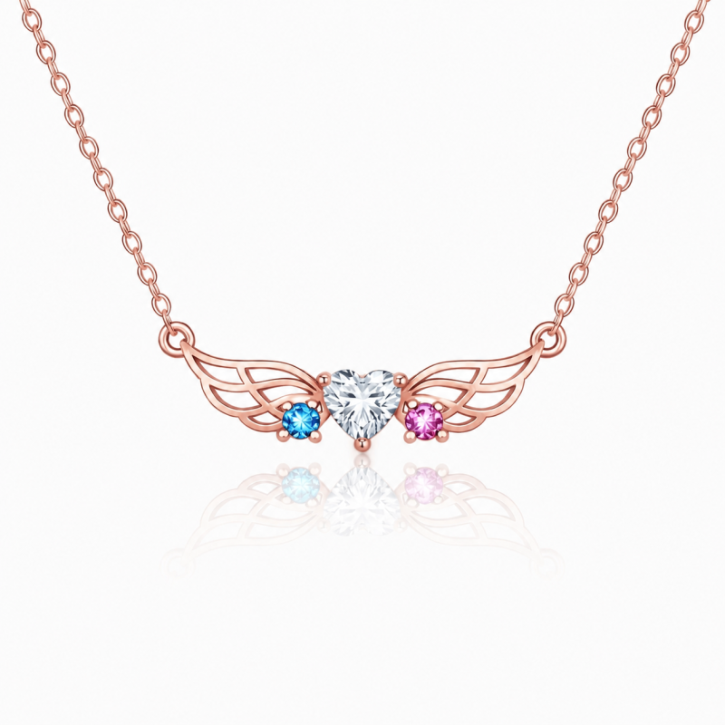 10K Rose Gold Cubic Zirconia Personalized Birthstone & Mama & Angel Wing Pendant Necklace-1