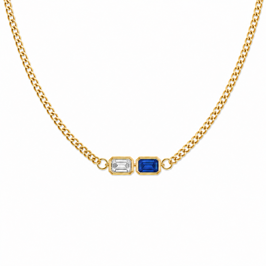10K Gold Emerald Cut Personalized Birthstone Necklace for Men with Curb Link Chain