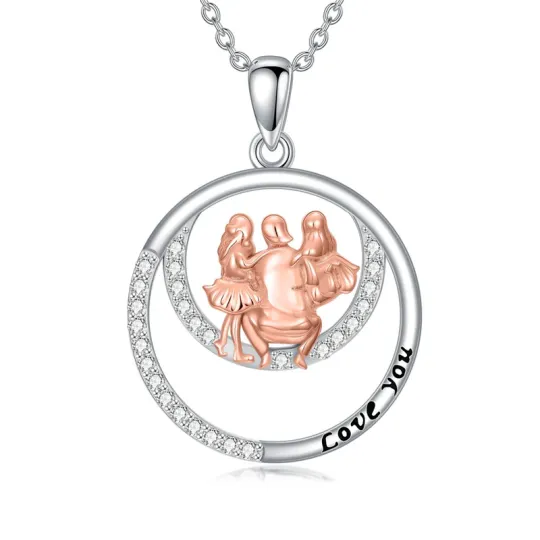 10K Silver & Rose Gold Cubic Zirconia Father & Two Daughter Pendant Necklace