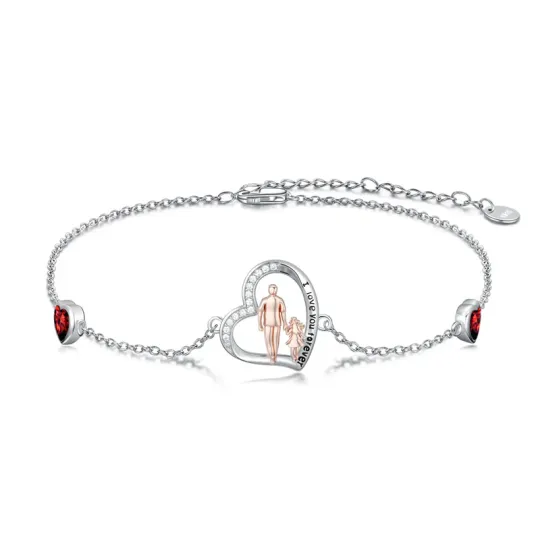 10K Silver & Rose Gold Cubic Zirconia Father & Daughter & Heart Charm Bracelet