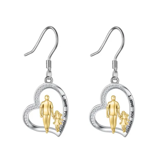 10K White Gold & Yellow Gold Cubic Zirconia Father & Daughter & Heart Drop Earrings with Engraved Word