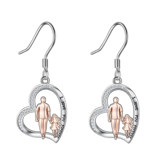 10K Silver & Rose Gold Cubic Zirconia Father & Daughter Drop Earrings with Engraved Word